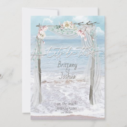 トロピカル結婚のレッツこのビーチを実行する日付を保存 招待状 (正面)
