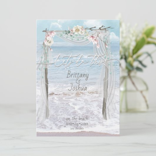 トロピカル結婚のレッツこのビーチを実行する日付を保存 招待状 (スタンド正面)