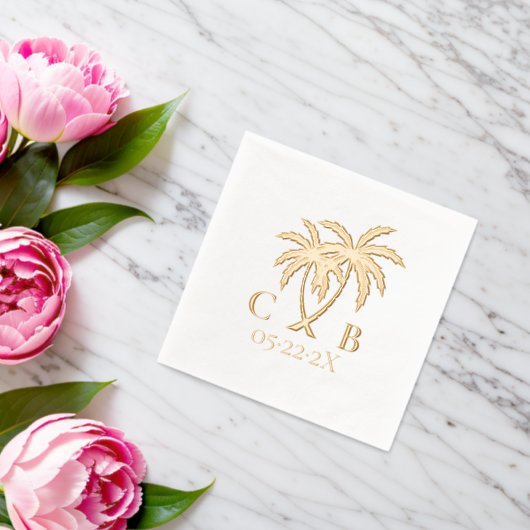 トロピカル結婚ズパームズカップルイニシャル&日付 箔ナプキン (インサイチュ (ウェディング))
