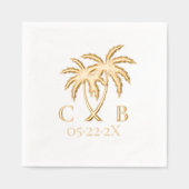 トロピカル結婚ズパームズカップルイニシャル&日付 箔ナプキン (正面)