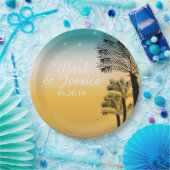 トロピカル結婚ズパームツリーズピンクサンセットビーチ ペーパープレート (パーティー)