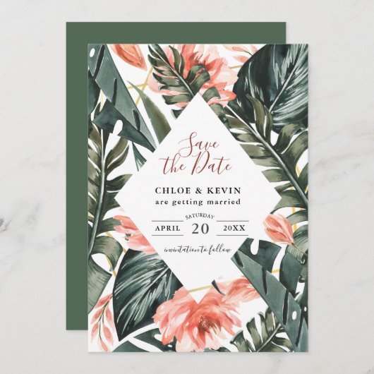 トロピカル結婚パームのフラットデイトカードを保存 セーブザデート (正面/裏面)