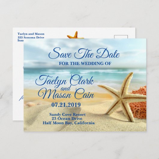 トロピカル結婚ビーチシーン日付カードを保存 案内ポストカード (正面/裏面)