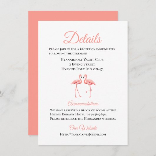 トロピカル結婚詳細ピンクフラミンゴビーチかわいい 招待状 (正面/裏面)