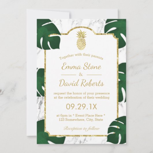 トロピカル結婚金ゴールドパイナップルホワイト大理石 招待状 (正面)