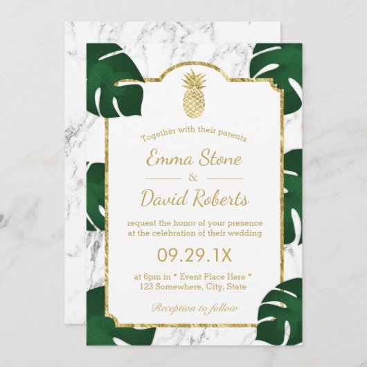 トロピカル結婚金ゴールドパイナップルホワイト大理石 招待状 (正面/裏面)