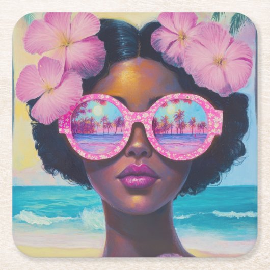 トロピカル美しいインピンクシェード スクエアペーパーコースター (正面)