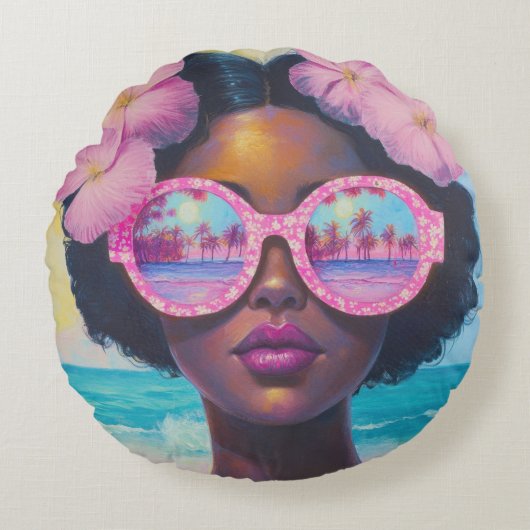 トロピカル美しいインピンクシェード ラウンドクッション (正面)