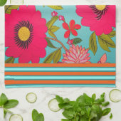 トロピカル花模様ピンクシェードとティール(緑がかった色)オレンジトリム キッチンタオル (折り畳み)