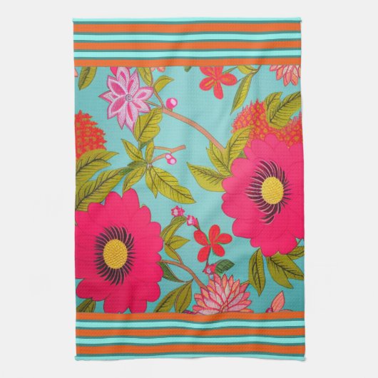 トロピカル花模様ピンクシェードとティール（緑がかった色）オレンジトリム キッチンタオル (縦)