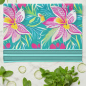 トロピカル花模様ピンクシェードオンティール(緑がかった色)数々のカラー キッチンタオル (折り畳み)