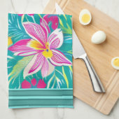 トロピカル花模様ピンクシェードオンティール(緑がかった色)数々のカラー キッチンタオル (四つ折り)