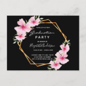 トロピカル花模様ブラック卒業パーティーへの招待 ポストカード (正面)