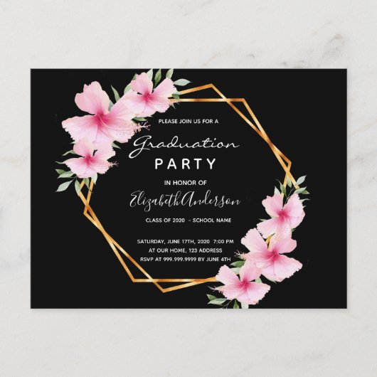 トロピカル花模様ブラック卒業パーティーへの招待 ポストカード (正面)