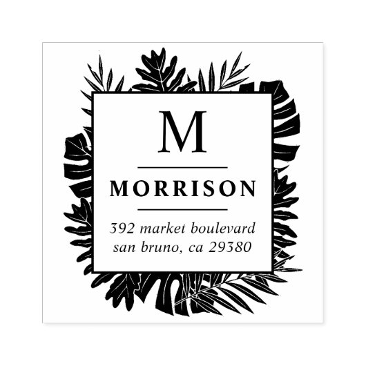 トロピカル葉イニシャルファミリーネーム差出人住所 ラバースタンプ (インプリント)