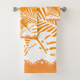 トロピカル葉オレンジ、白いトリムで裏返ファンシーし バスタオルセット