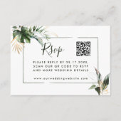 トロピカル葉グリーンウェディングQRコード付きRSVP エンクロージャーカード (正面)