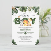 トロピカル葉ジャングルサファリ動物ベビーシャワー 招待状 (スタンド正面)