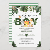 トロピカル葉ジャングルサファリ動物ベビーシャワー 招待状 (正面/裏面)