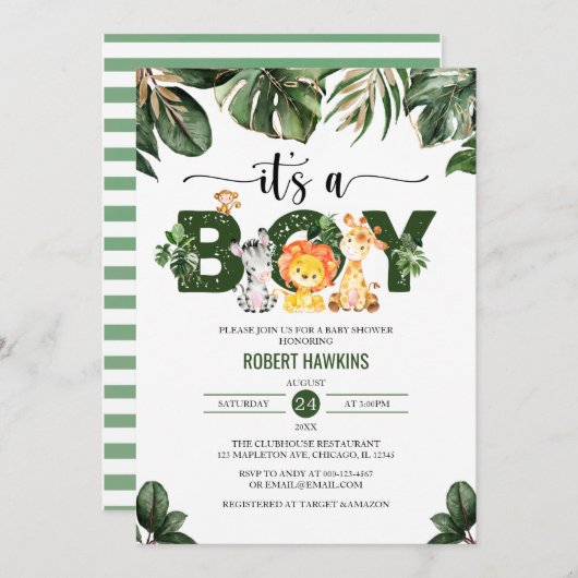 トロピカル葉ジャングルサファリ動物ベビーシャワー 招待状 (正面/裏面)
