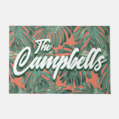 トロピカル葉スクリプトの緑のファミリー名の形式 ドアマット (正面)