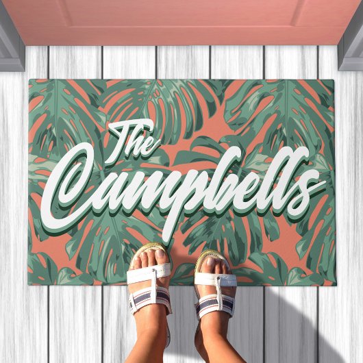 トロピカル葉スクリプトの緑のファミリー名の形式 ドアマット