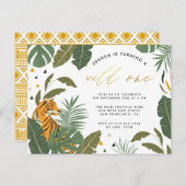 トロピカル葉タイガー金ゴールドワイルドワン誕生日 インビテーションポストカード (正面/裏面)