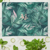 トロピカル葉ティースピンクアンドグリーンモノグラム茶タオル キッチンタオル (折り畳み)