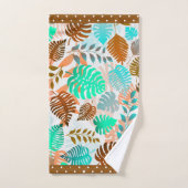 トロピカル葉ティール（緑がかった色）、ブラウン、コーラルトリファンシーム バスタオルセット (ハンドタオル)