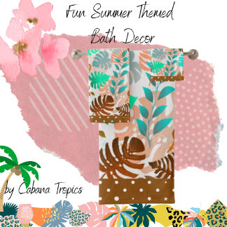 トロピカル葉ティール（緑がかった色）、ブラウン、コーラルトリファンシーム バスタオルセット