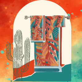 トロピカル葉ティール（緑がかった色）、赤、オレンジ、ビーチキーカラー バスタオルセット