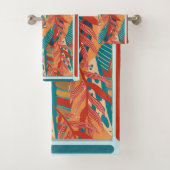 トロピカル葉ティール(緑がかった色)、赤、オレンジ、ビーチキーカラー バスタオルセット (インサイチュ)