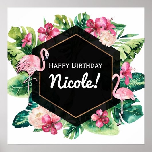 トロピカル葉ハイビスカスフラミンゴスのバナーポスター ポスター (正面)