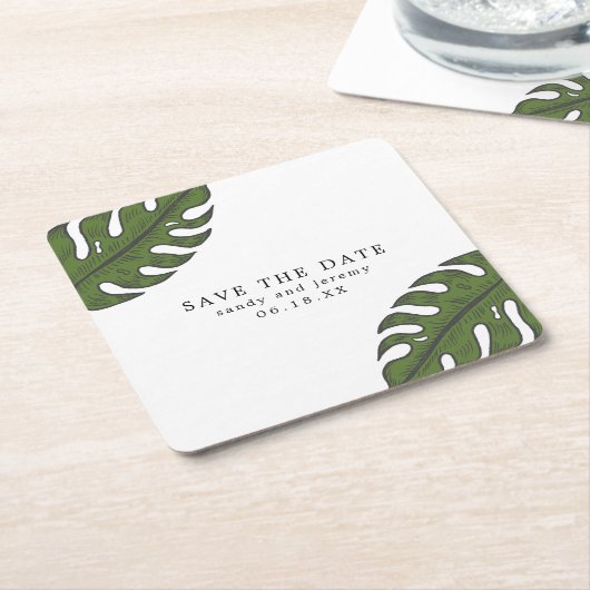 トロピカル葉パームの写真なし日付の保存 スクエアペーパーコースター (アングル)
