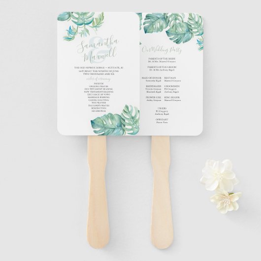 トロピカル葉パームウォーター結婚カラー ハンドファン (正面&裏面)