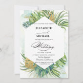 トロピカル葉パームススクリプト結婚の夏 招待状 (正面)