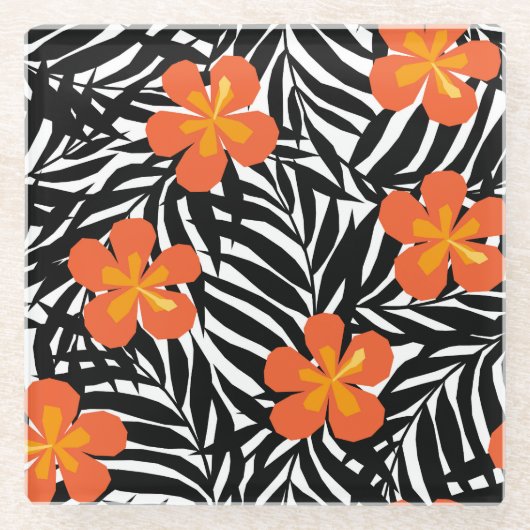 トロピカル葉パームスタイル、ヴィンテージアップリケ。 ガラスコースター (正面)