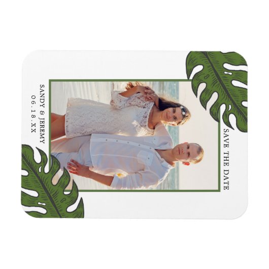 トロピカル葉パームフォトウェディングSave the Date マグネット (横)