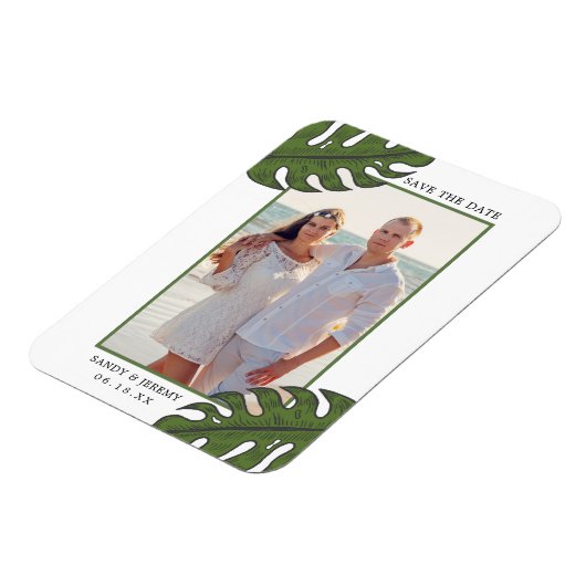 トロピカル葉パームフォトウェディングSave the Date マグネット (左側)