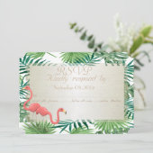 トロピカル葉パーム、フラミンゴスウェディングRSVPカード 招待状 (スタンド正面)