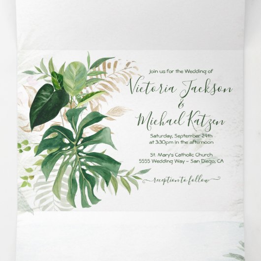 トロピカル葉ビーチ結婚式 三つ折り招待状 (内部中)