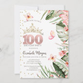 トロピカル葉フラワーズダイヤモンド100誕生日 招待状 (正面)