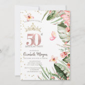 トロピカル葉フラワーズダイヤモンド50誕生日 招待状 (正面)
