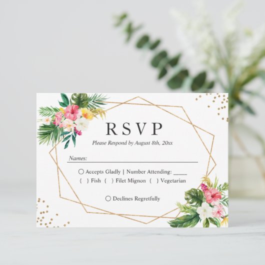 トロピカル葉フローラウェディングRSVP返信 出欠カード (スタンド正面)