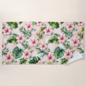 トロピカル葉フローラピンクハイビスカス ビーチタオル (正面)