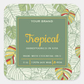トロピカル葉モンステラの緑の四角キャンドルラベル スクエアシール (正面)