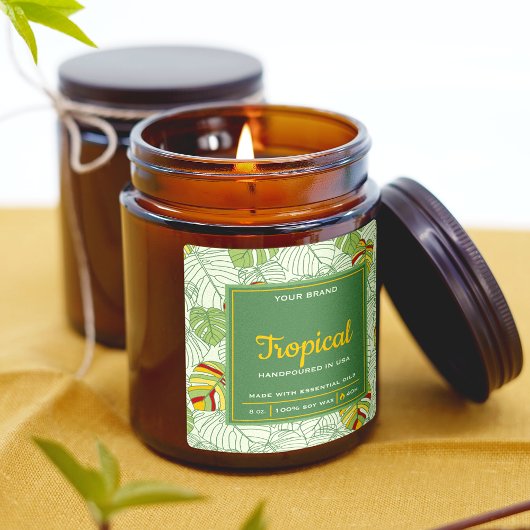 トロピカル葉モンステラの緑の四角キャンドルラベル スクエアシール