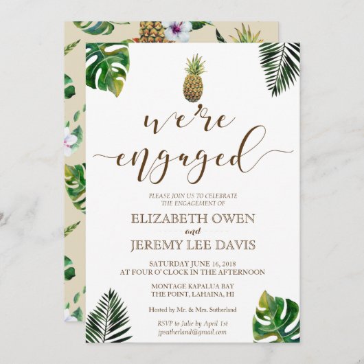 トロピカル葉ルアウ(ハワイ式宴会)婚約 招待状 (正面/裏面)
