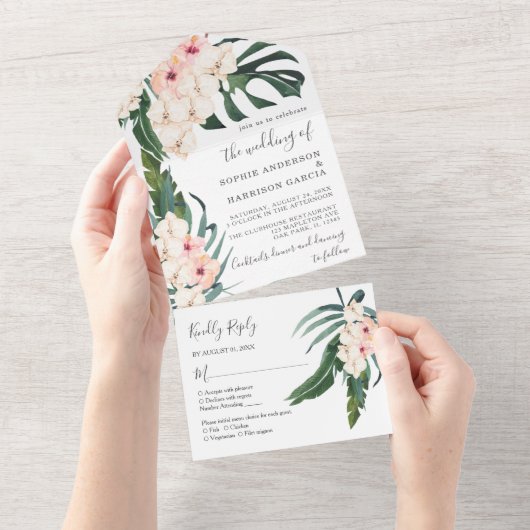 トロピカル赤面ピンクオーキッドウォーター結婚カラーズ オールインワン招待状 (貼ってはがせる)