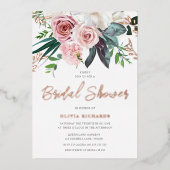 トロピカル赤面ピンクローズブライダルシャワーバラ金ゴールド 箔招待状 (正面)
